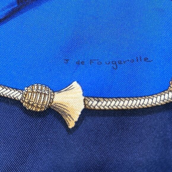 Vintage Hermes Pampa Scarf by Jean De Fougerolle Navy/Royal Blue Gold - Picture 6 of 10